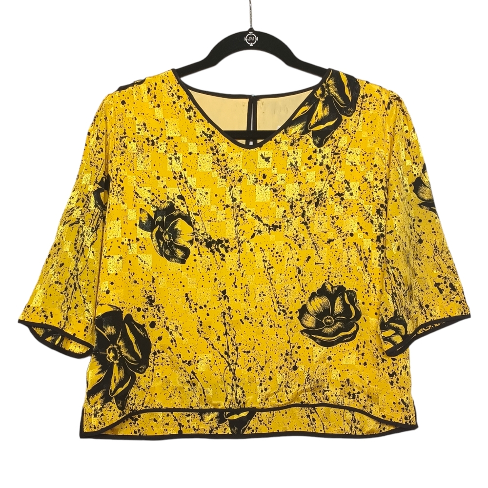 ORLEON DE PARIS Black Floral Splatter Print V Neck Vibrant Yellow Top Large